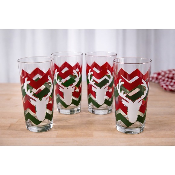 New Vintage Lot Of 4 Libbey White Stag in Red Green Chevron Glass Tumblers